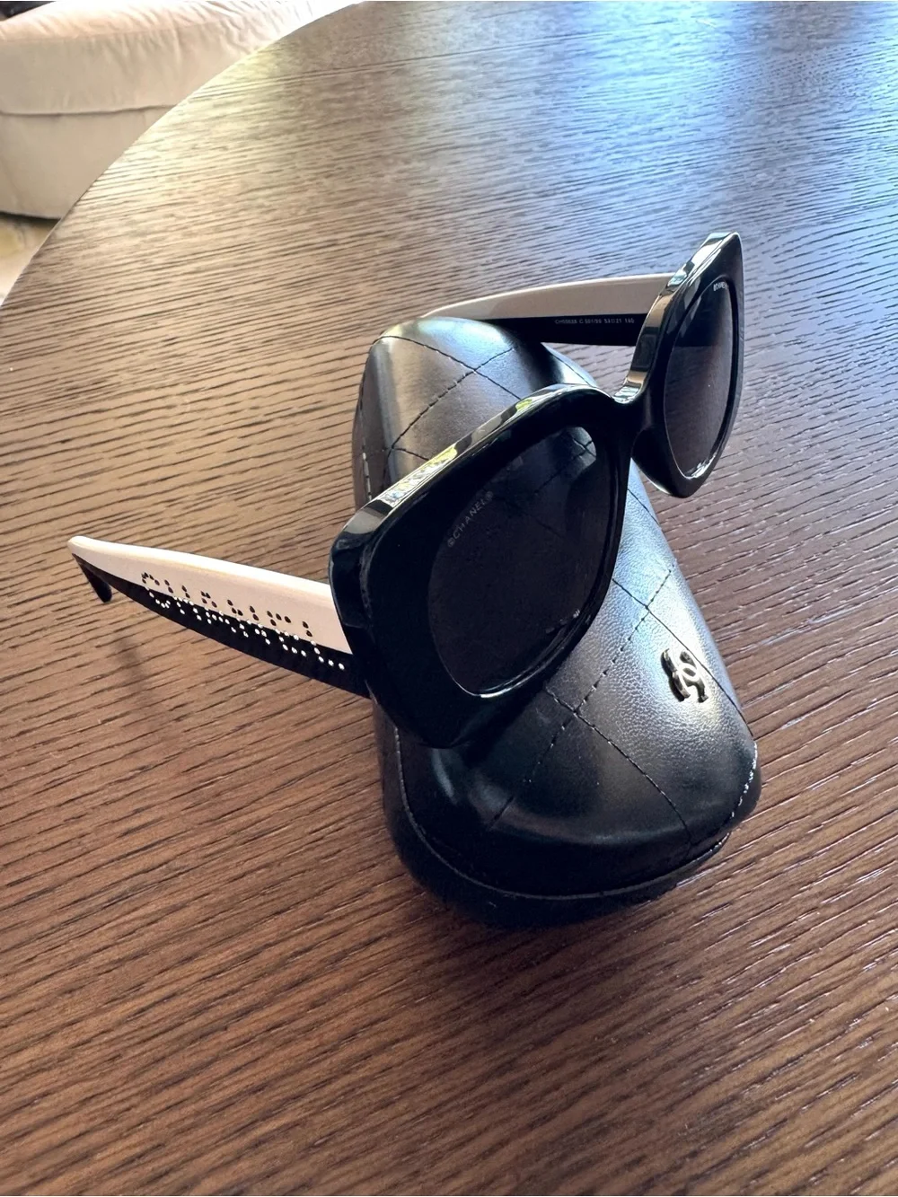 CHANEL Authentic Black and White with Rhinestone Accent Square Women Sunglasses